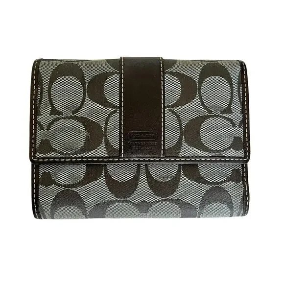 Coach Signature Gray Monogram Jacquard Brown Leather Trim Trifold Wallet Y2K - Picture 12 of 12